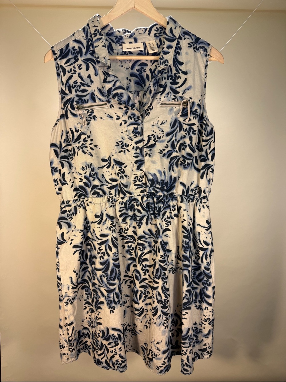 Dkny White and Navy Floral-Print Sleeveless Linen Dress